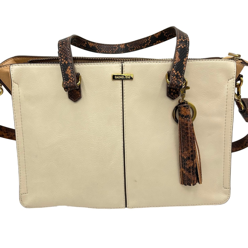 Rachel Zoe Helsie Satchel Snakeskin Print Faux Leather Ivory Cream Tassel Charm